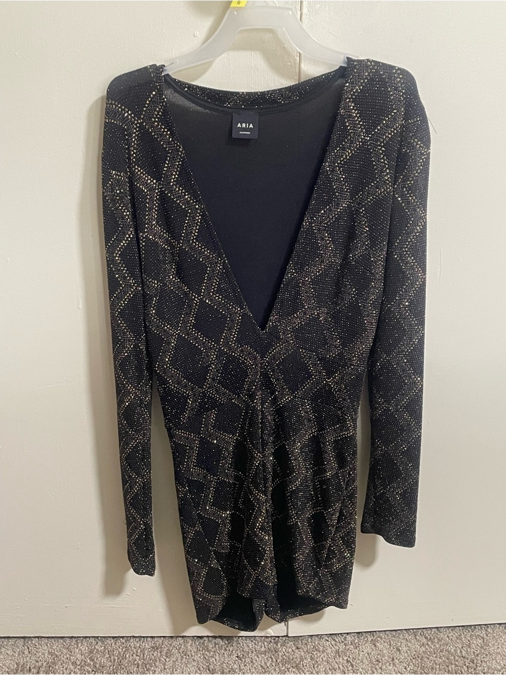 Aria Black V-Neck Sweater with Gold Sparkle Grid